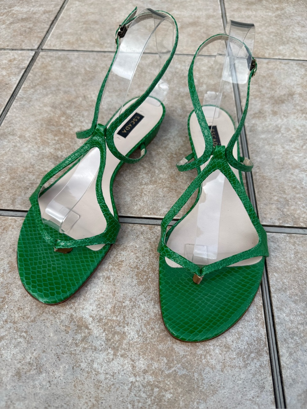 Escada Green T-Strap Snake-Embossed Sandals